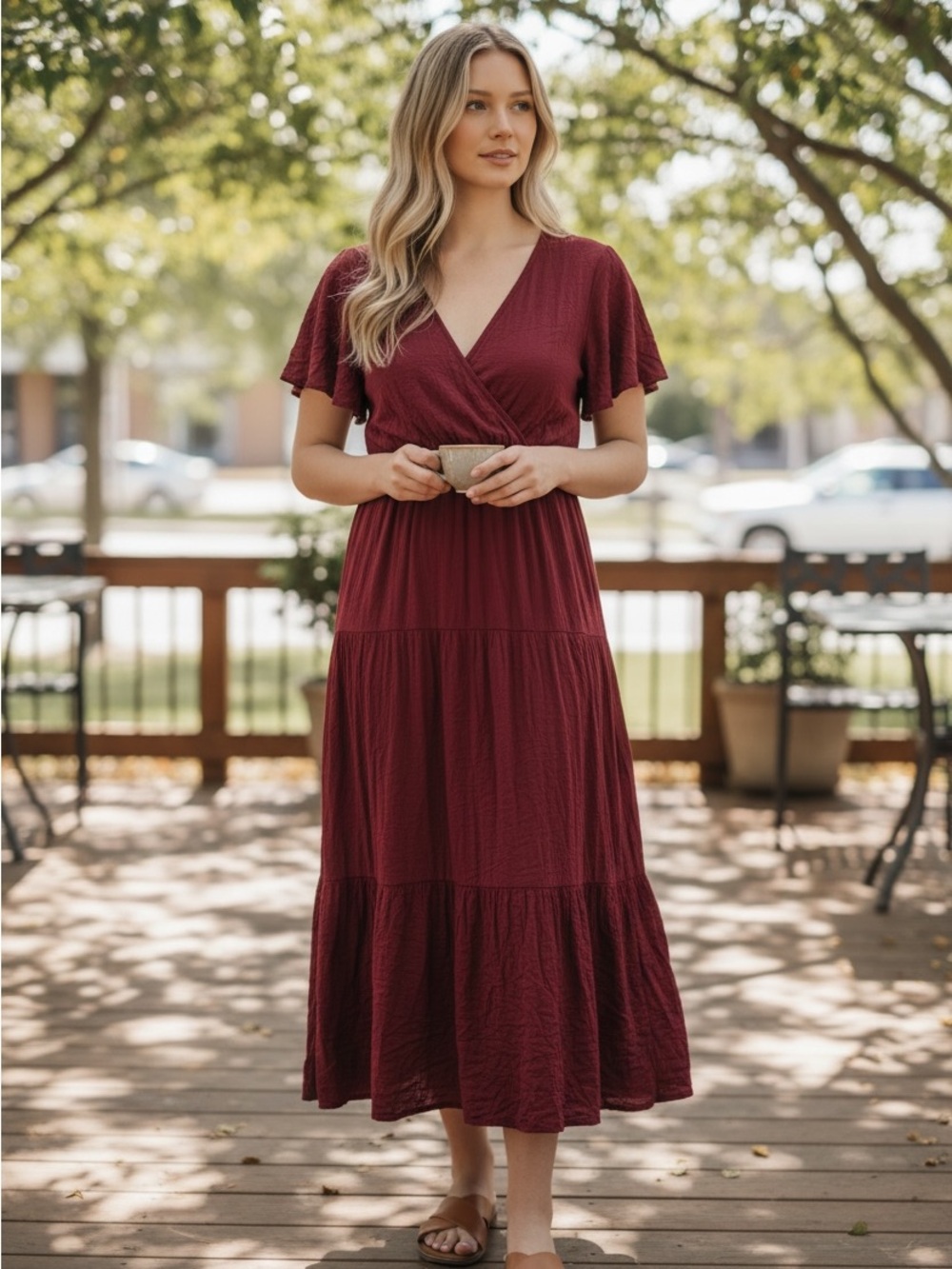 Petal & Pup Burgundy Flutter-Sleeve Tiered Maxi Dress